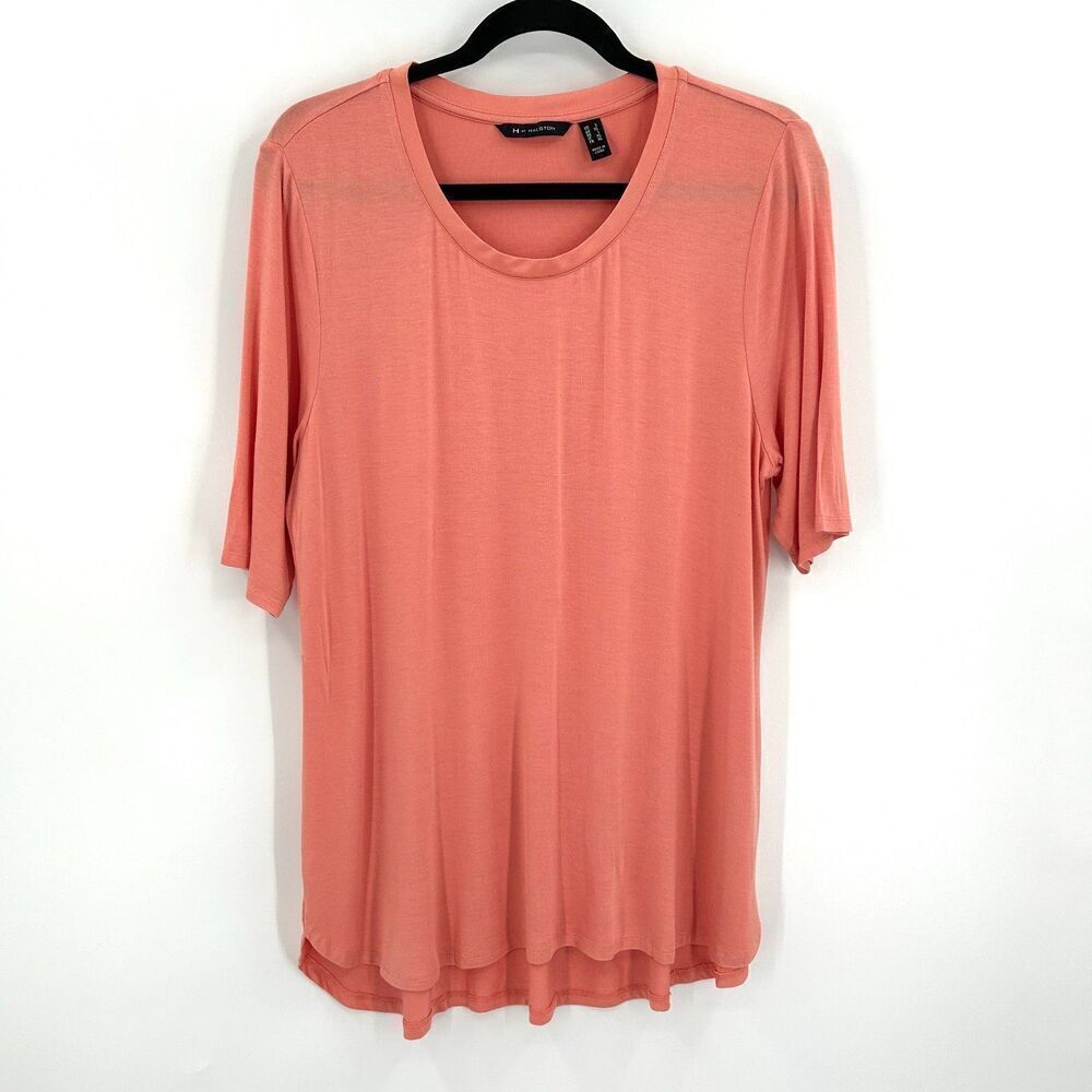 H BY HALSTON Orange Peach Basic Jersey Stretch Short SleeveTunic Shirt Large